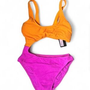 Colorblock Orange & Fuchsia One-Shoulder Bikini